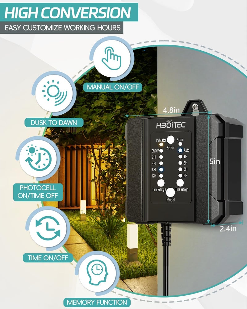 HIBOITEC 100W Low Voltage Landscape Transformer with 1-12H Timer and Photocell Sensor 120V AC to 12V DC Weatherproof Landscape Lighting Transformers for Outdoor LED Lights Spotlight Garden Light - Image 5